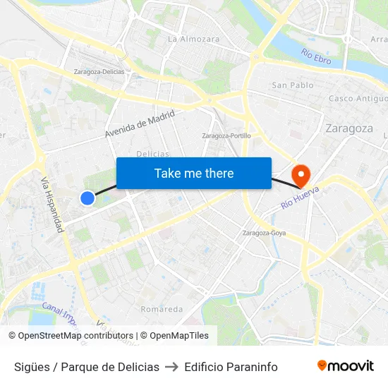 Sigües / Parque de Delicias to Edificio Paraninfo map