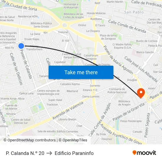 P. Calanda N.º 20 to Edificio Paraninfo map
