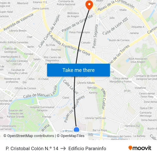P. Cristobal Colón N.º 14 to Edificio Paraninfo map