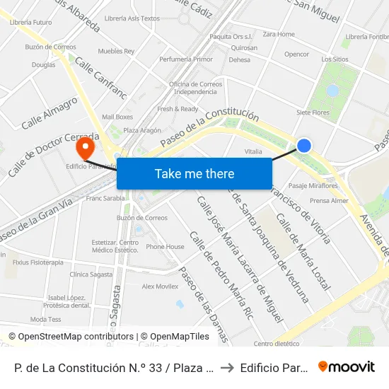 P. de La Constitución N.º 33 / Plaza de Los Sitios to Edificio Paraninfo map