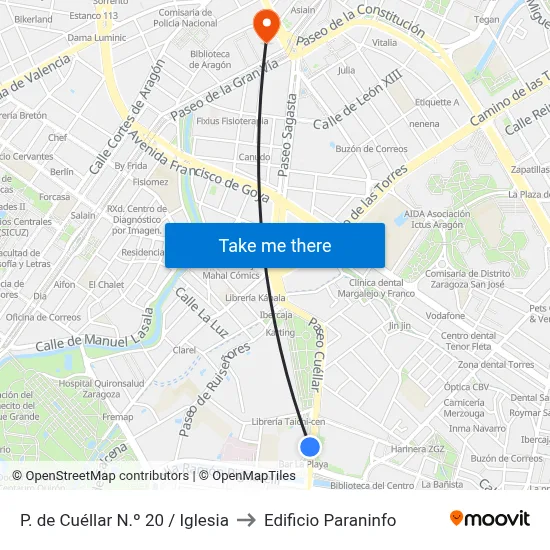 P. de Cuéllar N.º 20 / Iglesia to Edificio Paraninfo map