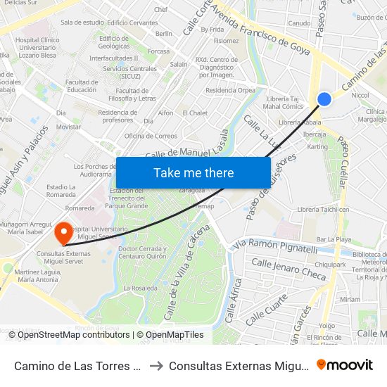 Camino de Las Torres N. º 116 to Consultas Externas Miguel Servet map
