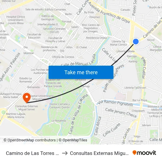 Camino de Las Torres N.º 116 to Consultas Externas Miguel Servet map