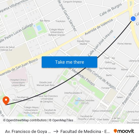 Av. Francisco de Goya N. º 90 to Facultad de Medicina - Edificio B map