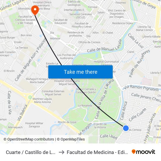 Cuarte / Castillo de Loarre to Facultad de Medicina - Edificio B map