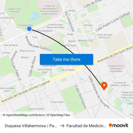 Duquesa Villahermosa / Parque de Delicias to Facultad de Medicina - Edificio B map