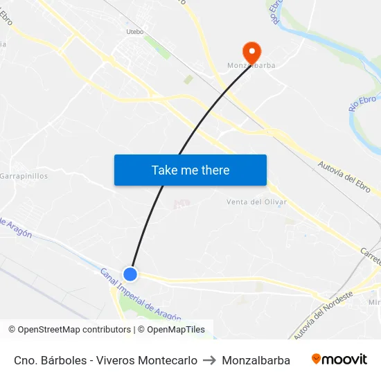 Cno. Bárboles - Viveros Montecarlo to Monzalbarba map