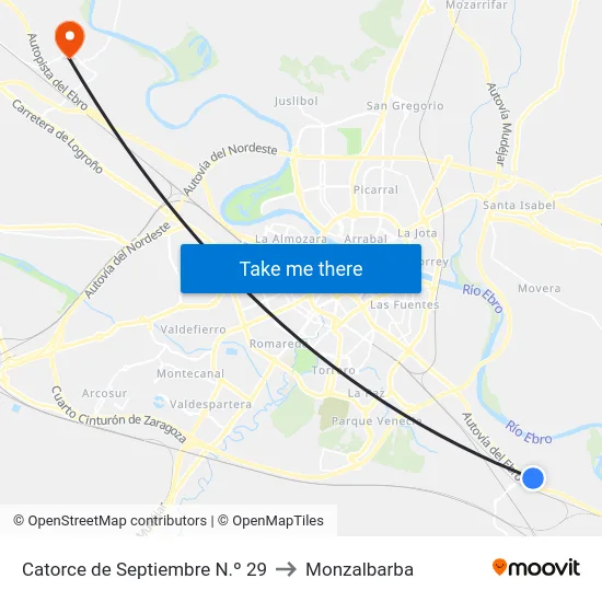 Catorce de Septiembre N.º 29 to Monzalbarba map