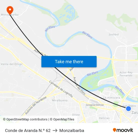 Conde de Aranda N.º 62 to Monzalbarba map