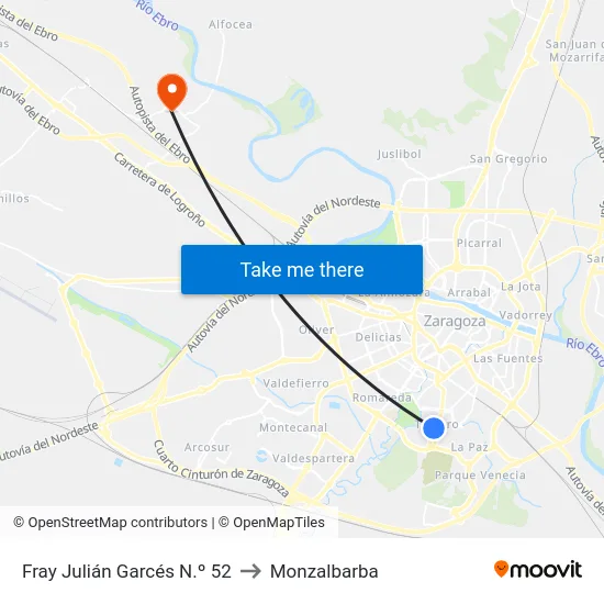 Fray Julián Garcés N.º 52 to Monzalbarba map