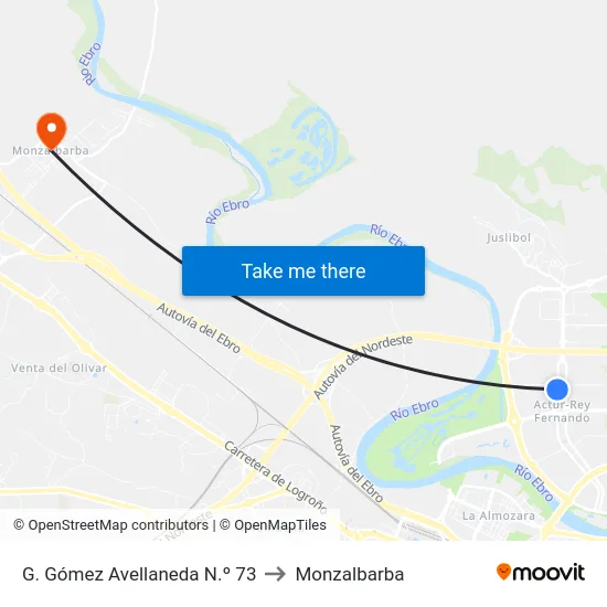 G. Gómez Avellaneda N.º 73 to Monzalbarba map