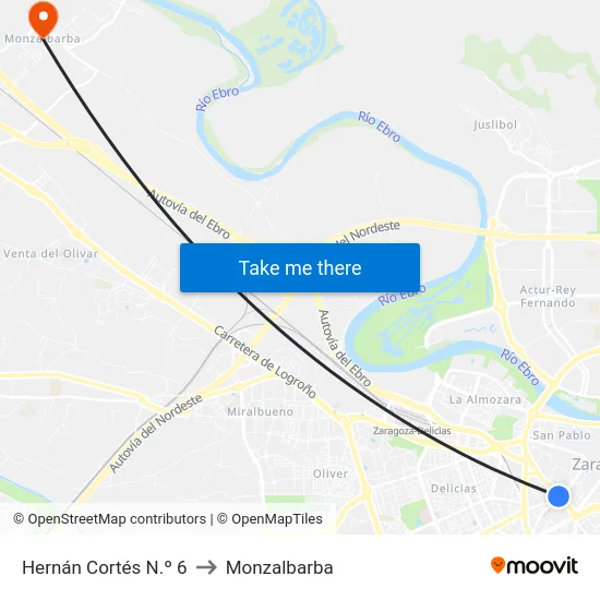 Hernán Cortés N.º 6 to Monzalbarba map
