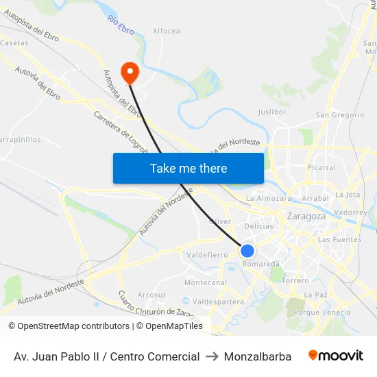 Av. Juan Pablo II / Centro Comercial to Monzalbarba map