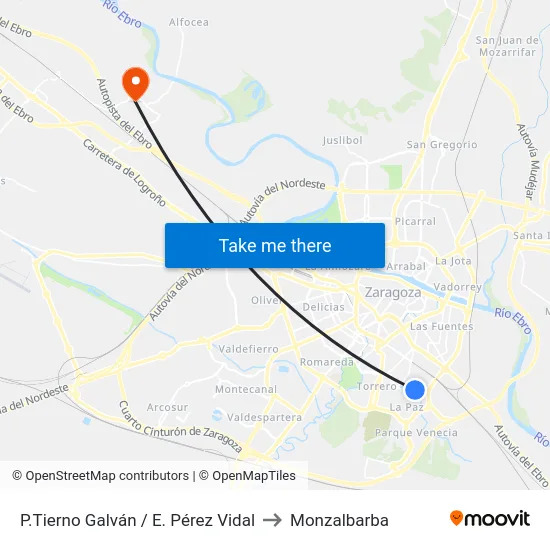P.Tierno Galván / E. Pérez Vidal to Monzalbarba map