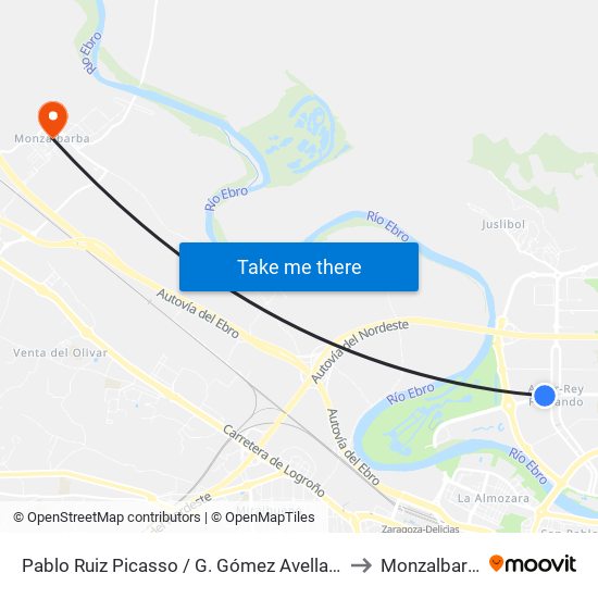 Pablo Ruiz Picasso / G. Gómez Avellaneda to Monzalbarba map