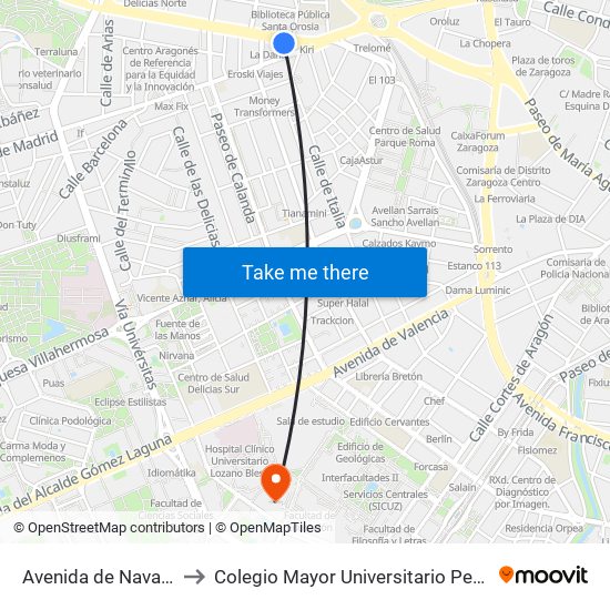 Avenida de Navarra Nº1 to Colegio Mayor Universitario Pedro Cerbuna map