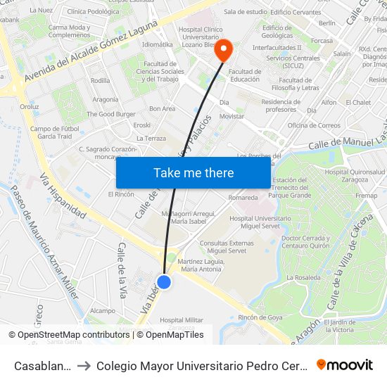 Casablanca to Colegio Mayor Universitario Pedro Cerbuna map