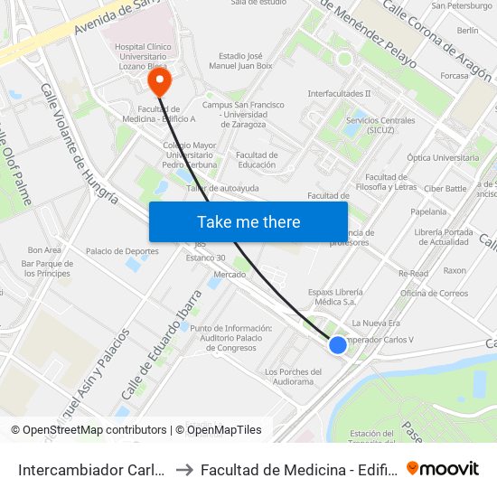 Intercambiador Carlos V to Facultad de Medicina - Edificio A map