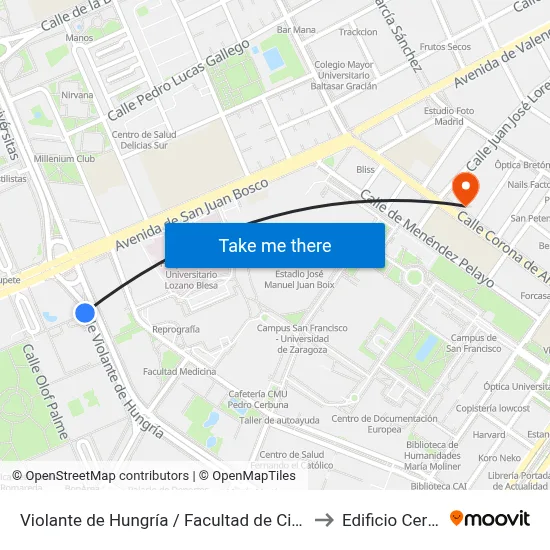 Violante de Hungría / Facultad de Ciencias Sociales to Edificio Cervantes map