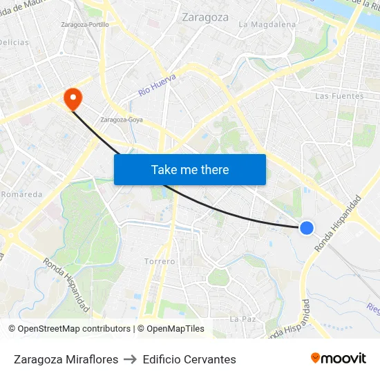 Zaragoza Miraflores to Edificio Cervantes map
