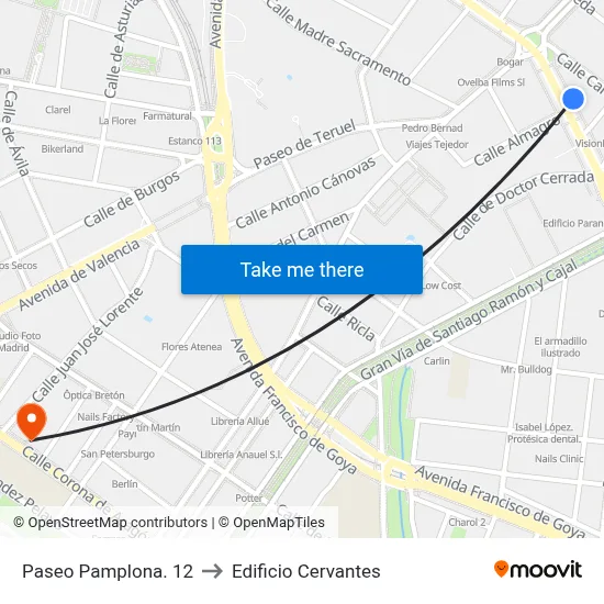 Paseo Pamplona. 12 to Edificio Cervantes map