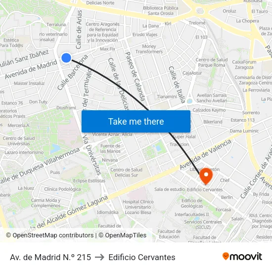 Av. de Madrid N.º 215 to Edificio Cervantes map