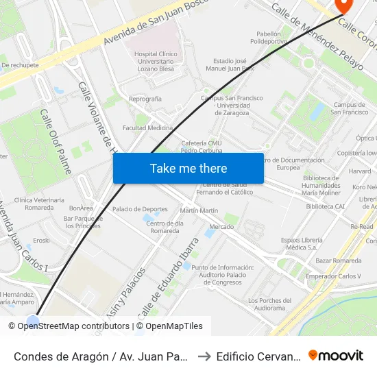 Condes de Aragón / Av. Juan Pablo II to Edificio Cervantes map