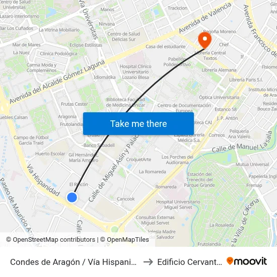 Condes de Aragón / Vía Hispanidad to Edificio Cervantes map