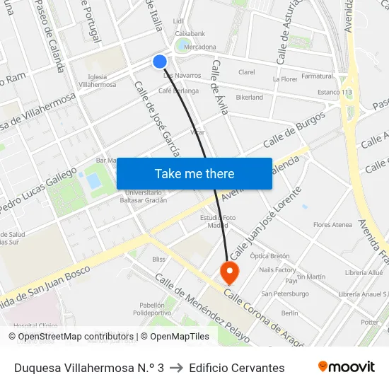 Duquesa Villahermosa N.º 3 to Edificio Cervantes map