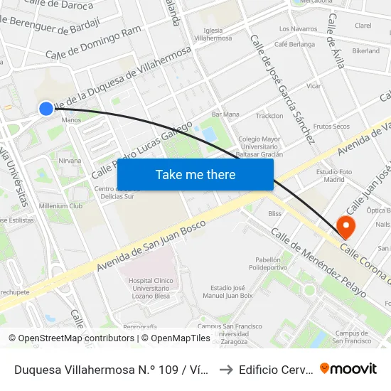 Duquesa Villahermosa N.º 109 / Vía Univérsitas to Edificio Cervantes map