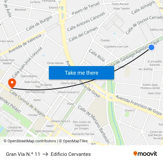 Gran Vía N.º 11 to Edificio Cervantes map
