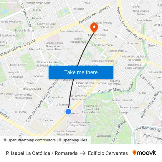 P. Isabel La Católica / Romareda to Edificio Cervantes map