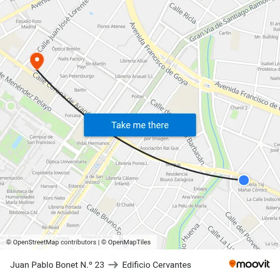 Juan Pablo Bonet N.º 23 to Edificio Cervantes map