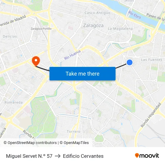 Miguel Servet N.º 57 to Edificio Cervantes map