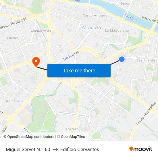 Miguel Servet N.º 60 to Edificio Cervantes map