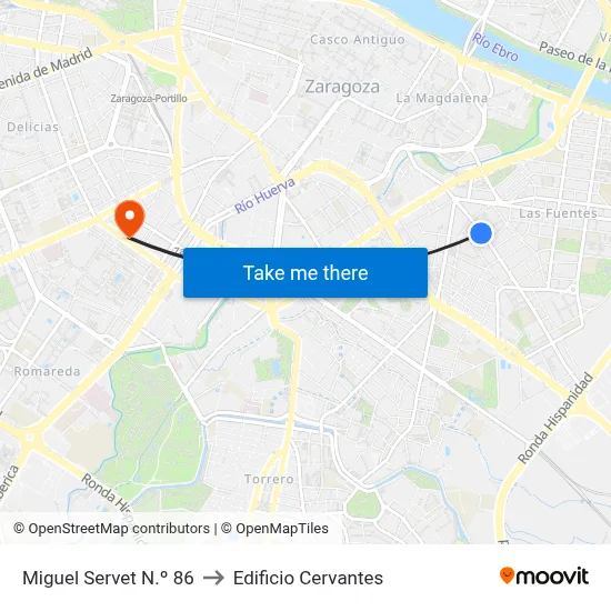 Miguel Servet N.º 86 to Edificio Cervantes map