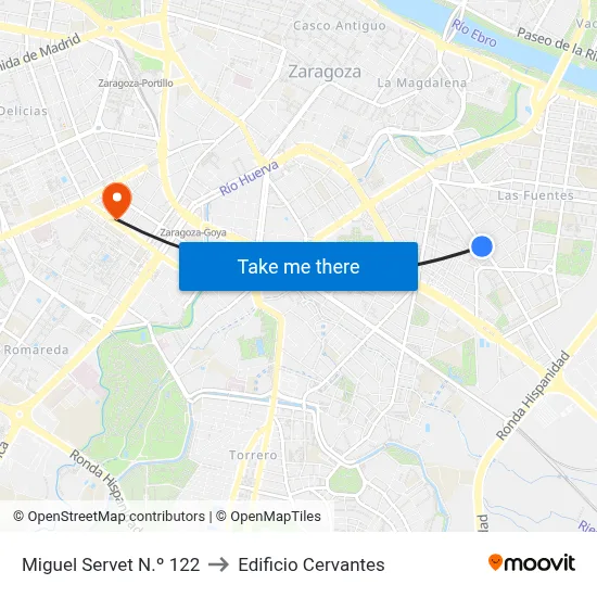 Miguel Servet N.º 122 to Edificio Cervantes map