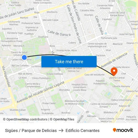 Sigües / Parque de Delicias to Edificio Cervantes map
