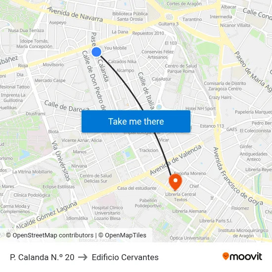 P. Calanda N.º 20 to Edificio Cervantes map