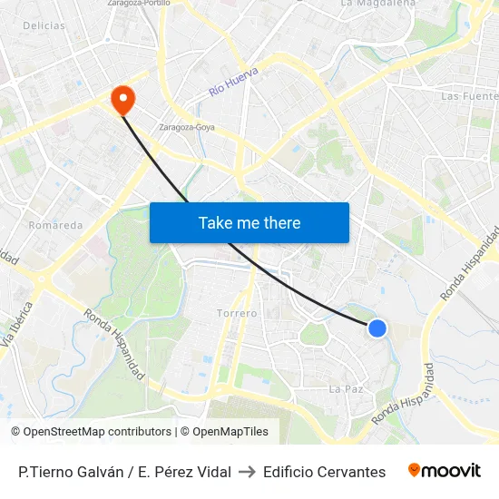 P.Tierno Galván / E. Pérez Vidal to Edificio Cervantes map