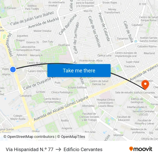 Vía Hispanidad N.º 77 to Edificio Cervantes map