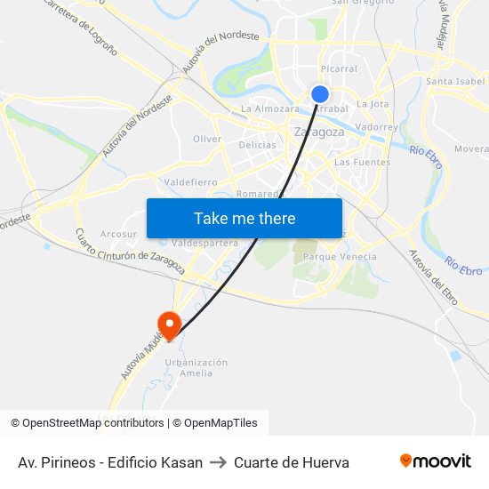 Av. Pirineos - Edificio Kasan to Cuarte de Huerva map