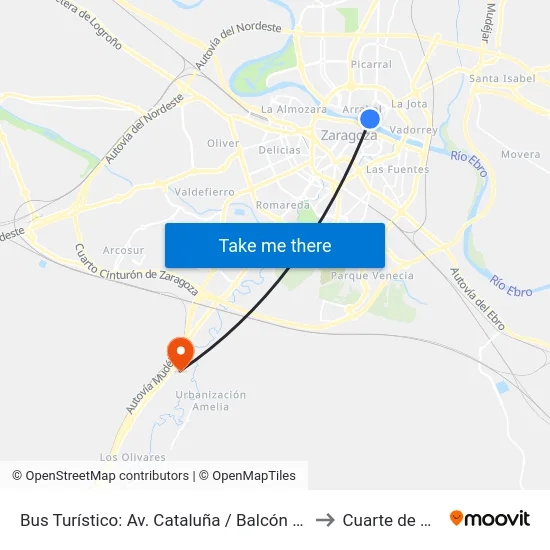 Bus Turístico: Av. Cataluña / Balcón de San Lázaro to Cuarte de Huerva map