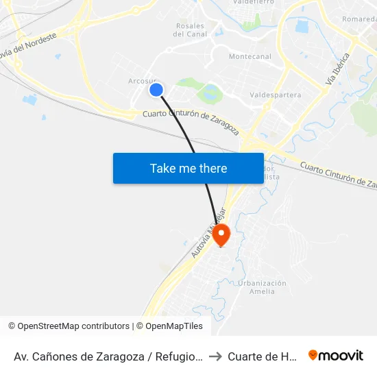 Av. Cañones de Zaragoza / Refugio de Góriz to Cuarte de Huerva map