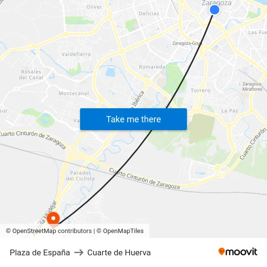 Plaza de España to Cuarte de Huerva map