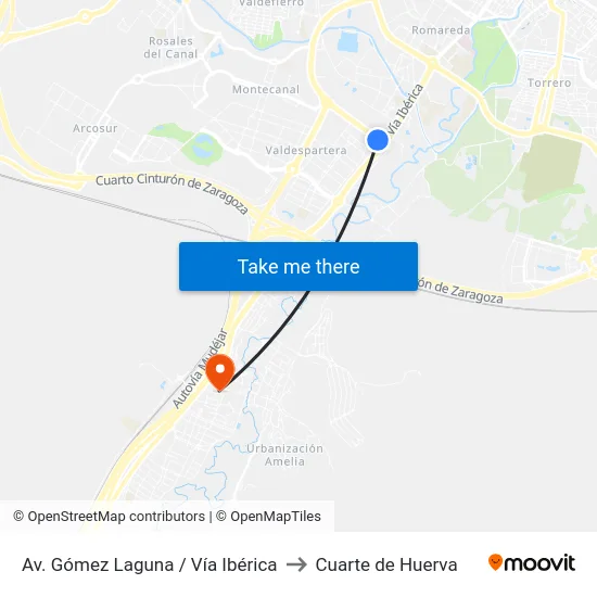 Av. Gómez Laguna / Vía Ibérica to Cuarte de Huerva map