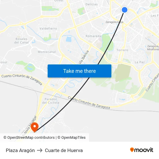 Plaza Aragón to Cuarte de Huerva map