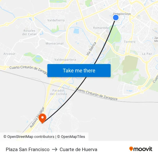 Plaza San Francisco to Cuarte de Huerva map