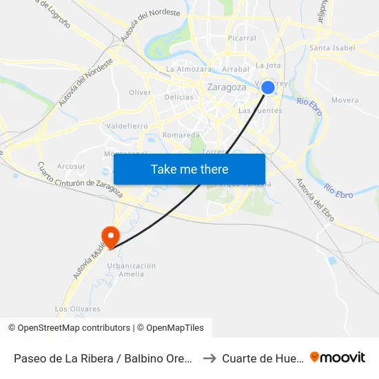 Paseo de La Ribera / Balbino Orensanz to Cuarte de Huerva map
