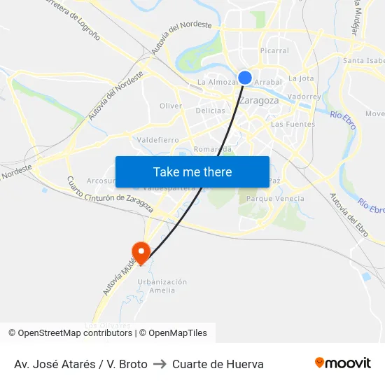 Av. José Atarés / V. Broto to Cuarte de Huerva map